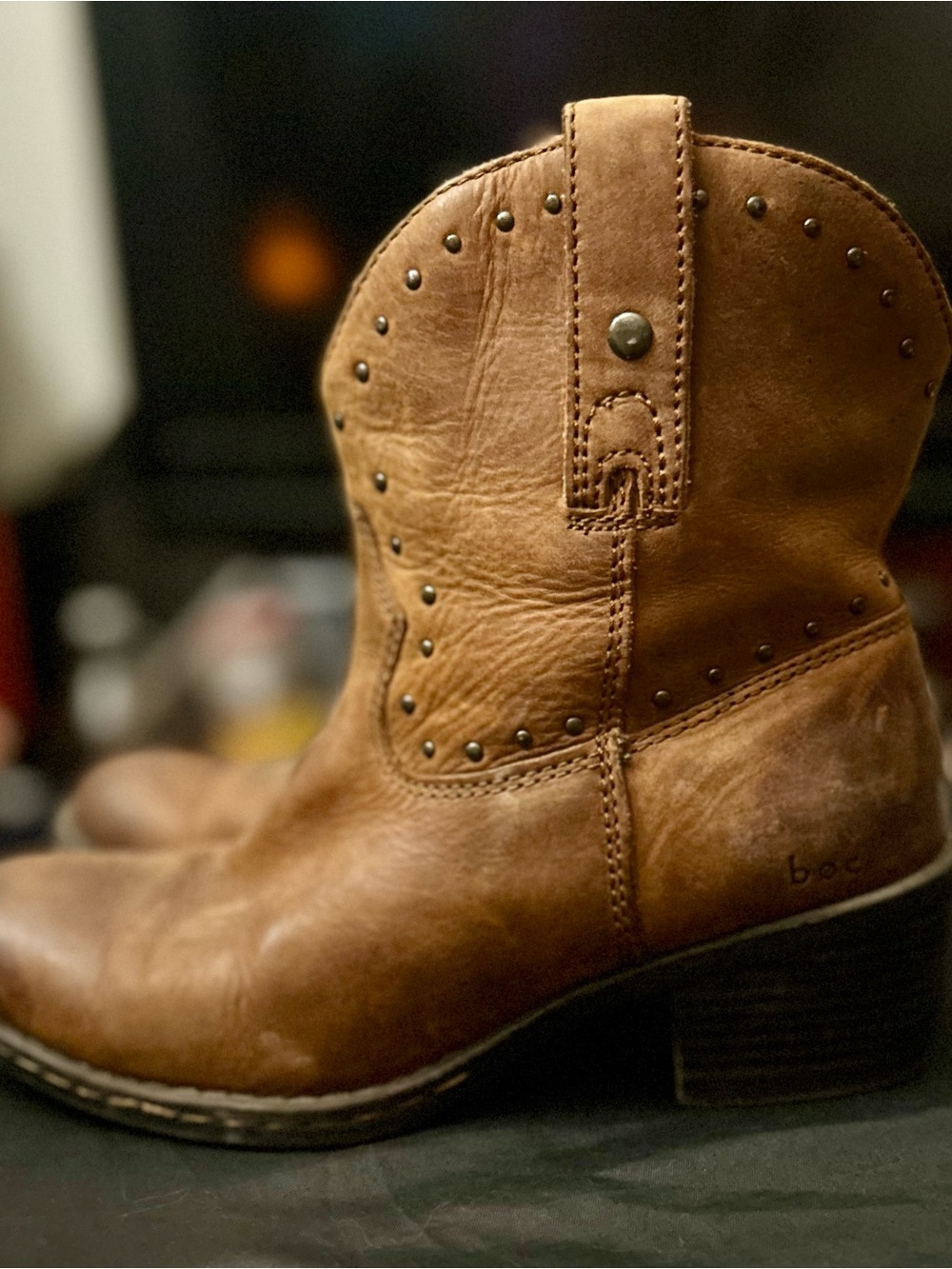 b.o.c. Brown Leather Studded Ankle Western Bootie